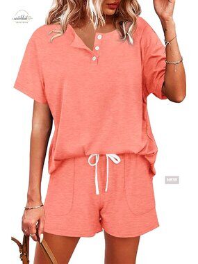 Two Piece Lounge Set Button Down Top Drawstring Shorts Pockets